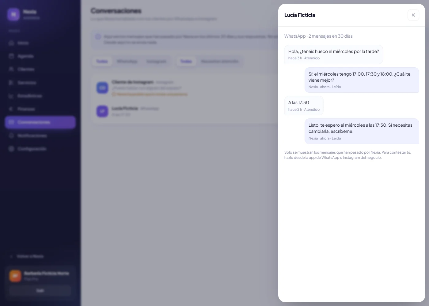 Una conversación de prueba en AgendaFlow: el cliente pide cita, Nexia ofrece dos horas libres y confirma la elegida.
