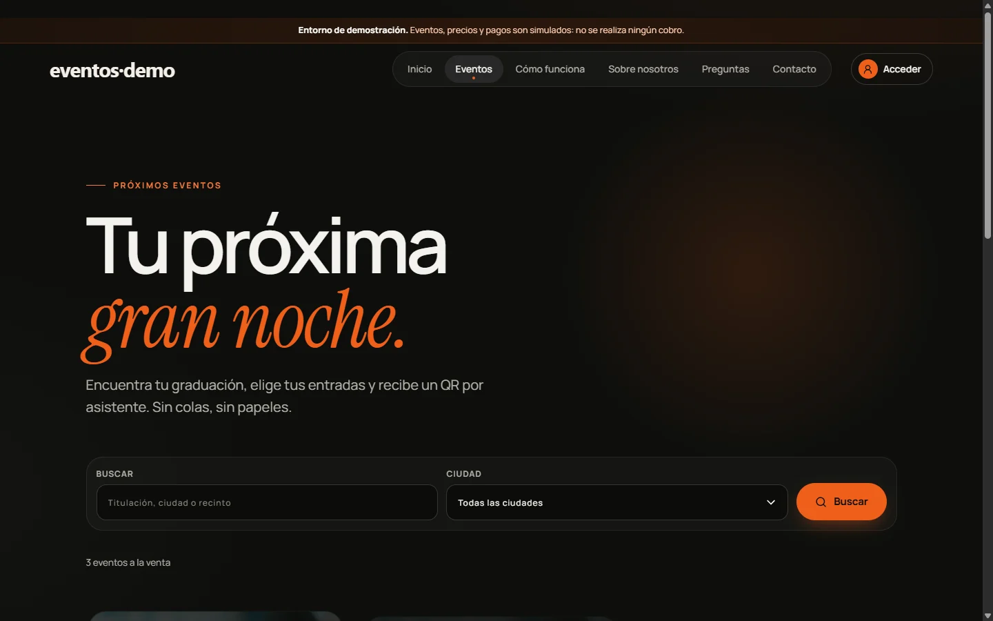 Listado público de eventos de graduación, con datos de demostración.
