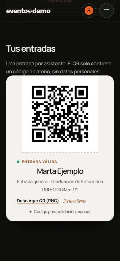 Entrada con código QR de una asistente ficticia, en el móvil.