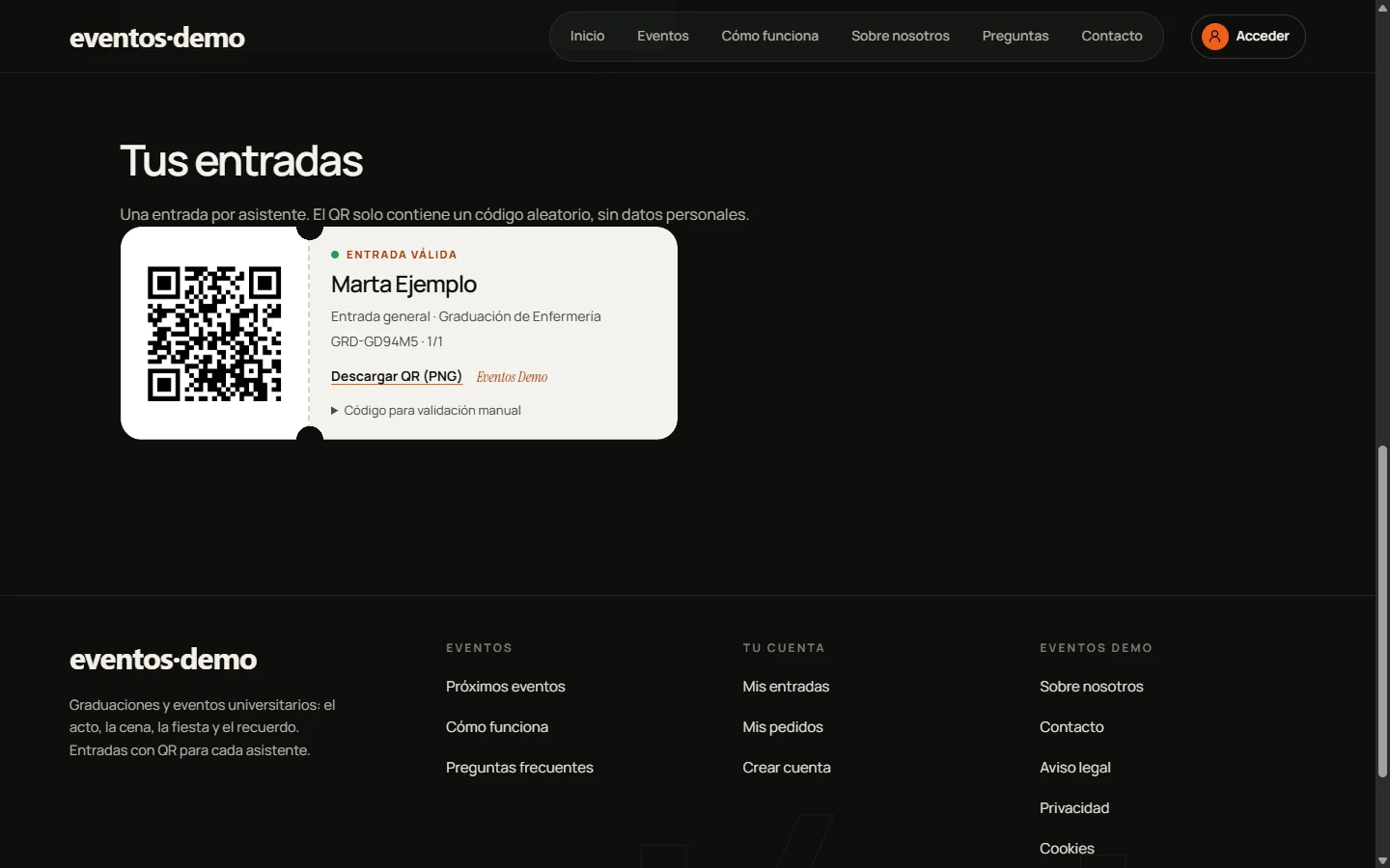 Pedido pagado con el pago simulado: la entrada válida de una asistente ficticia, con su código QR.