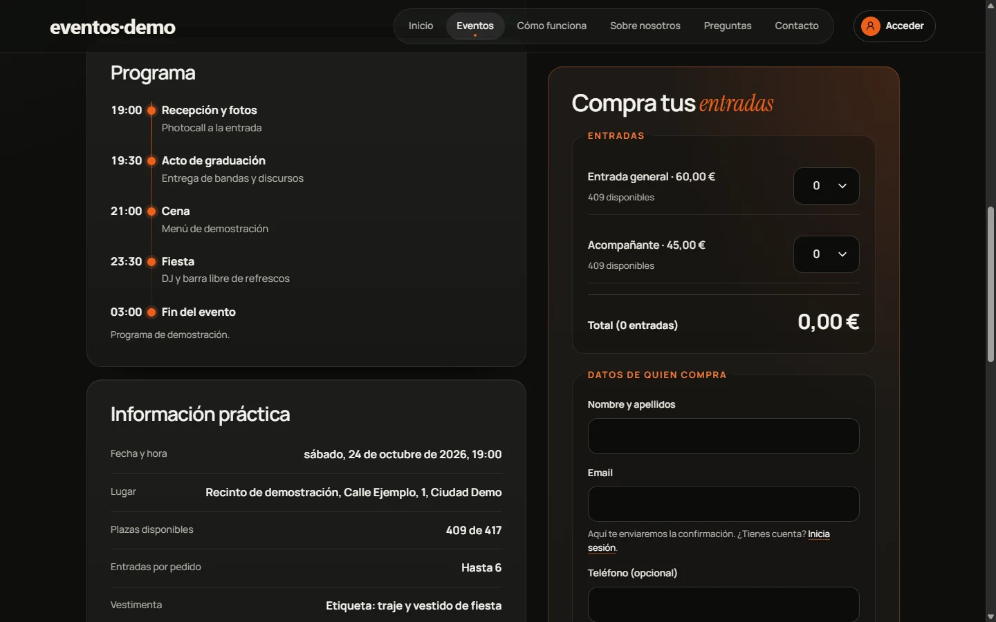 Ficha de un evento de graduación de demostración, con el programa y la compra de entradas.